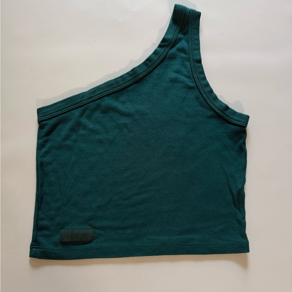SET ACTIVE Women's One Shoulder Ribbed Tank Top Tan Green Soft Size Medium